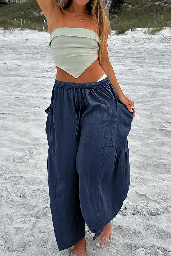 Diani Linen Blend Drawstring Waist Pocketed Loose Pants Navy blue