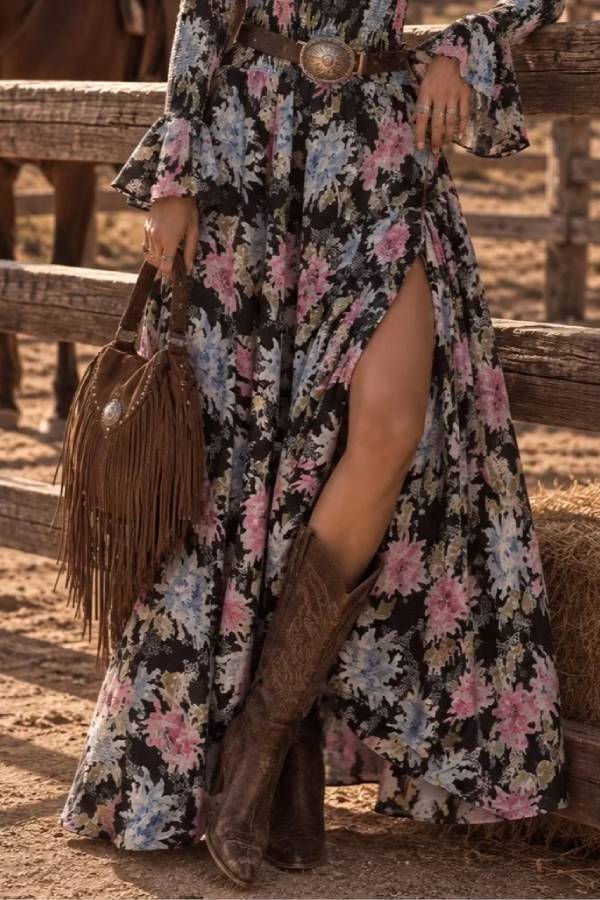 Vintage romantic floral print maxi dress with side slit