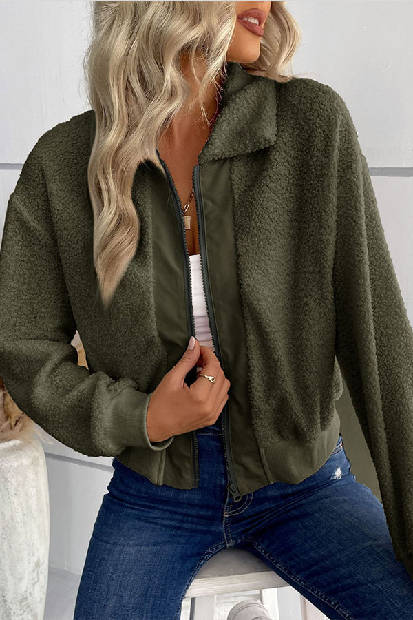 sherpa cardigan lapel zipper jacket Green