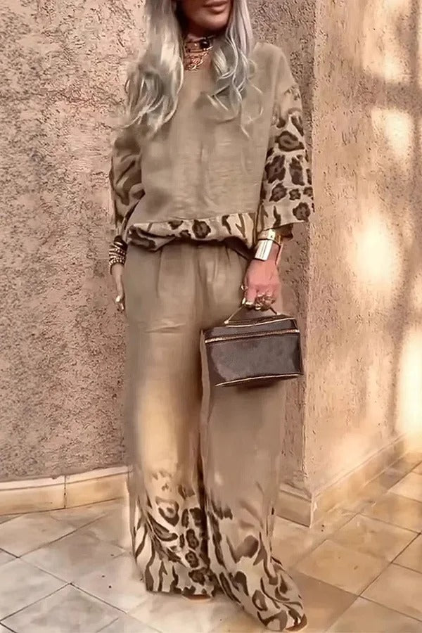 Leopard Print Crew Neck Loose Top and Elastic Waist Casual Wide-leg Pants Set