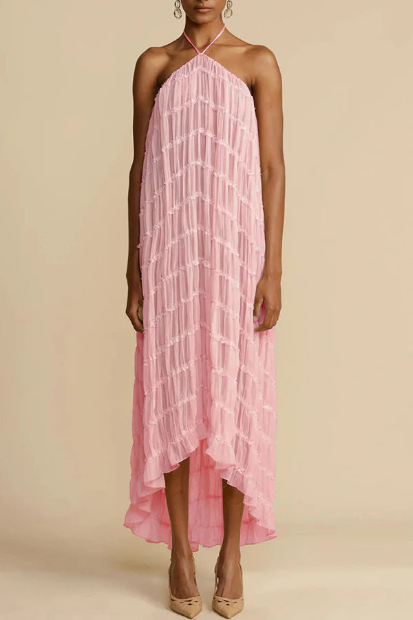 Versatility and Vintage Charm Pleated Drawstring Waist Tiered Maxi Skirt Pink