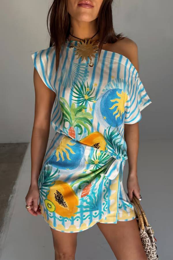 See You in Rio Tropical Fruits Print Wrap Tie-up Mini skirt Blue