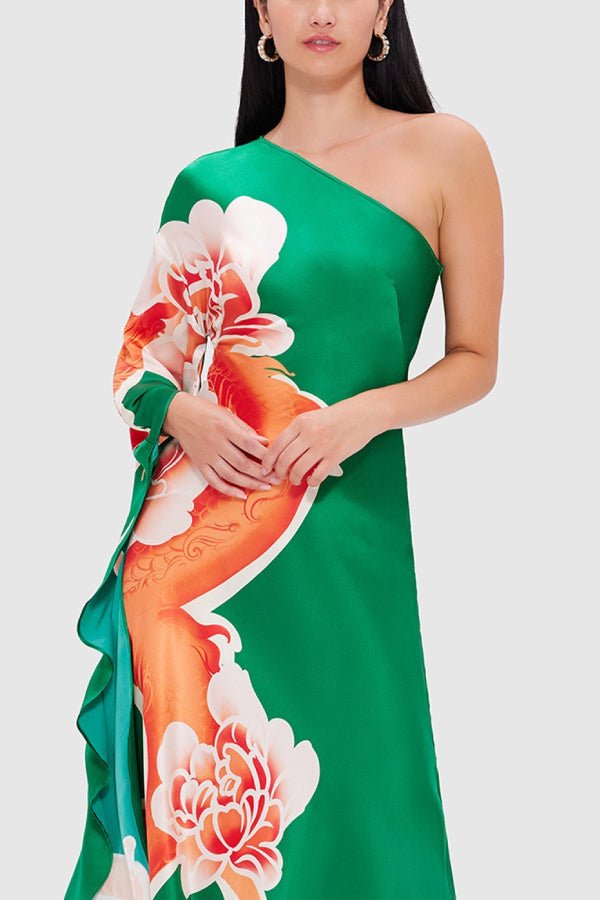 Mei One Shoulder Gown - Imperial Print Green