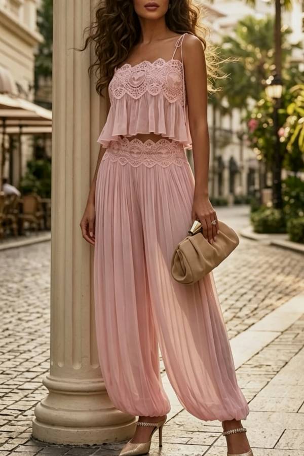 Dreamy Crinkle Chiffon Lace Trim Tank and High Rise Loose Lantern Pants Set