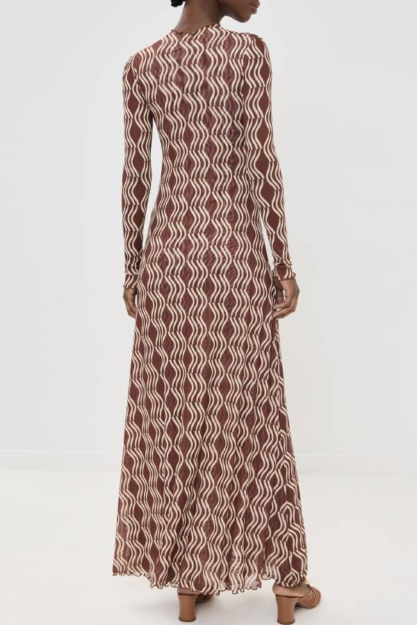 Mock Neck Wave Print Sheer Long Sleeve Maxi Dress