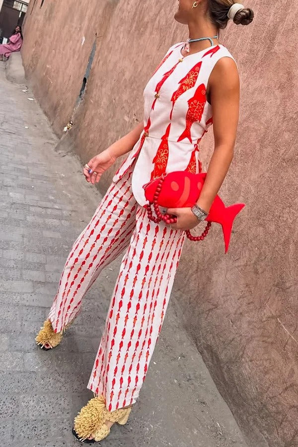 Good Luck Linen Blend Koi Pattern Metal Buttons Waisted Vest