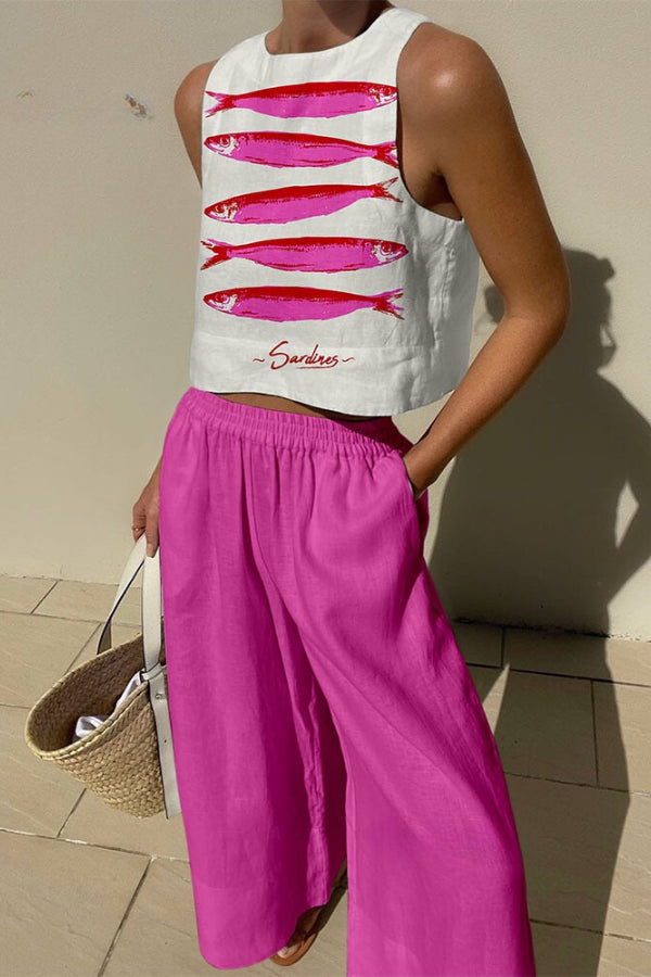 Linen Blend Unique Print Tank and Elastic Waist Pocketed Pants Set Pink