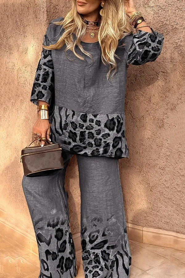 Lockeres Oberteil mit Rundhalsausschnitt und elastischer Taille im lässigen Set mit weitem Bein