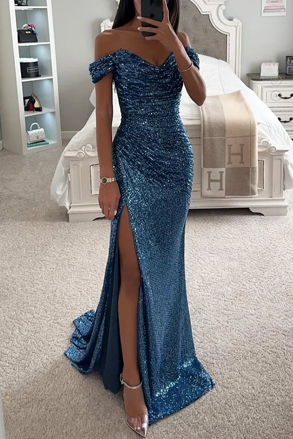 Diamond World Sequin Off Shoulder Ruched Slit Evening Maxi Dress Blue