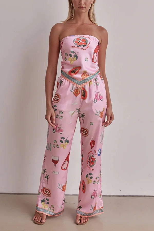 Linen Blend Unique Printed Bandeau Top and Elastic Waist Pocket Pants Set Pink