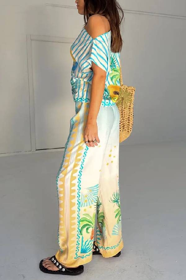 See You in Rio Tropical Fruits Print High Rise Elastic Waist Wide Leg Pants