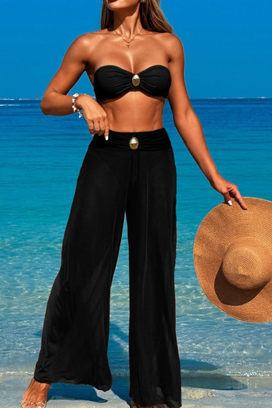 Three-piece swimsuit with button-like decorations on the chest Black three-piece suit S