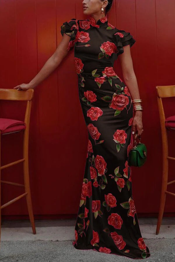 Cheongsam Style Rose Floral Print Tiered Flare Sleeve Stretch Maxi Dress Black