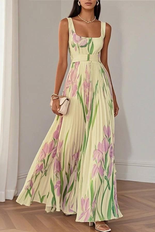 Weißes plissiertes Chiffon-Maxikleid mit Blumenmuster und quadratischem Ausschnitt, ärmellos, A-Linie