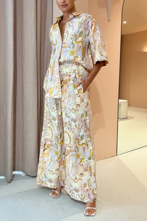 Knightly Linen Blend Mythological Pattern Elastic Waist Pocketed Wide Leg Pants Multicolor