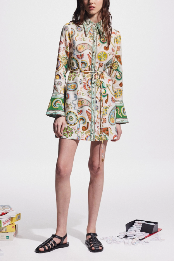 Mila Linen Blend Unique Print Shaped Collar Tie-up Waist Shirt Mini Dress Multicolor