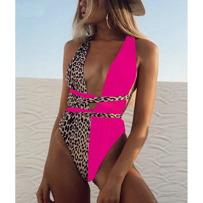 Deep V-neck Strap One-piece Swimsuit Rose Red + Leopard Print
