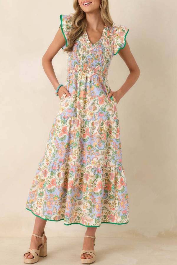 Colorful Print V-Neck Flutter Sleeve Smocked Waist Tiered Maxi Dress
