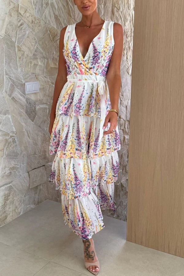 Sunny Views Lavender Print V-neck Tie-up Tiered Maxi Dress