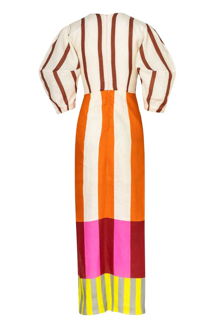 Kaya Linen Blend Color Block Print Front Cutout Knot Puff Sleeve Maxi Dress