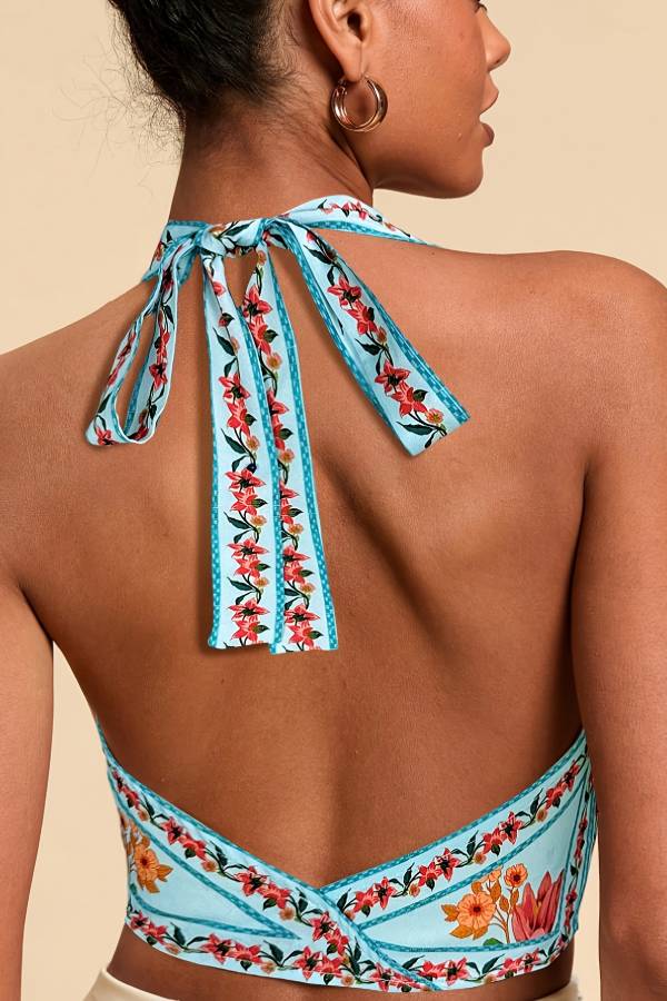 Vintage Floral Halter Tie Backless Crop Cami Top
