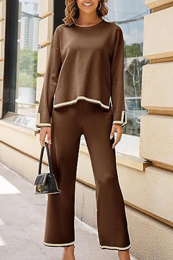 Tanming Long Sleeved Knitted and Wide Leg Pants Two Piece Set Brown