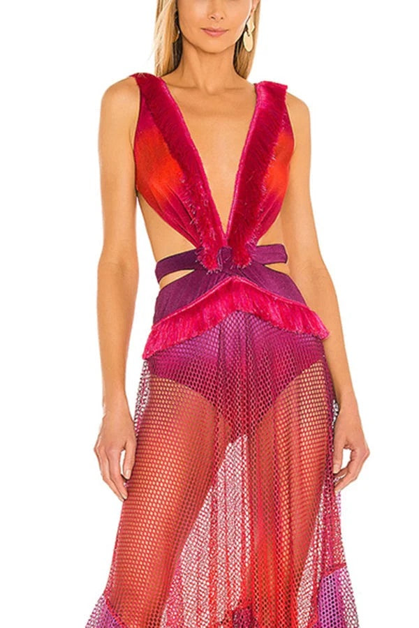 Sexy Deep V Hollow Backless Strappy One-piece Bikini Swimsuit Mauve