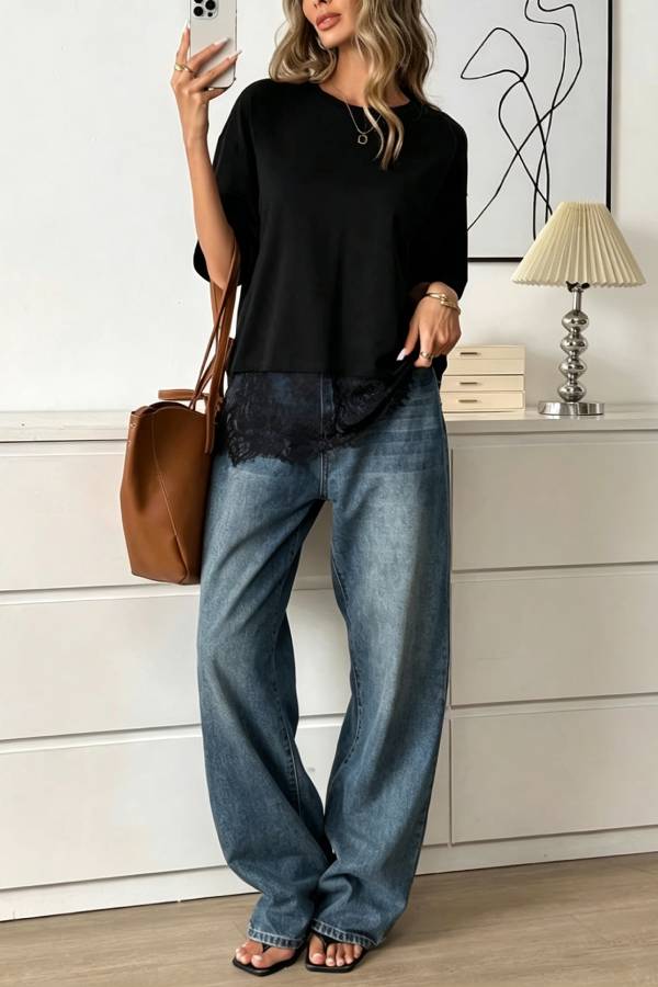 Casual Fake‑Two‑Piece Lace Hem Short Sleeve T‑Shirt