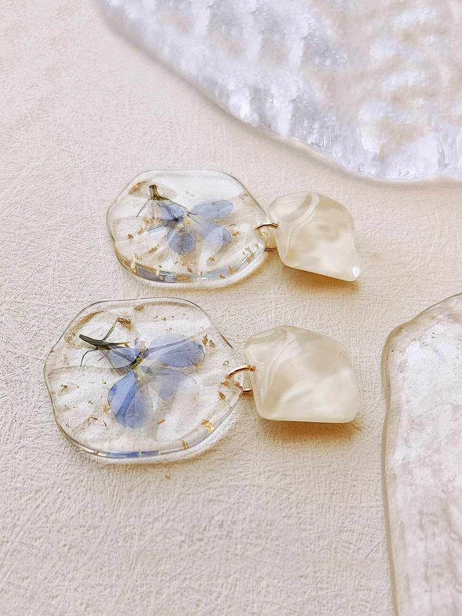 Pressed Flower Earrings - Epoxy Vintage Blue Romantic Gold one size