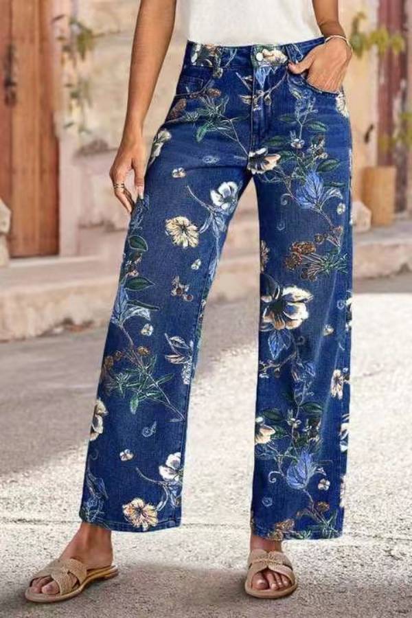 Vintage Floral Print Wide‑Leg Jeans