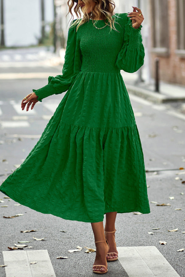 Solid Lantern Sleeve Ruffle Hem Shirred Dress Green