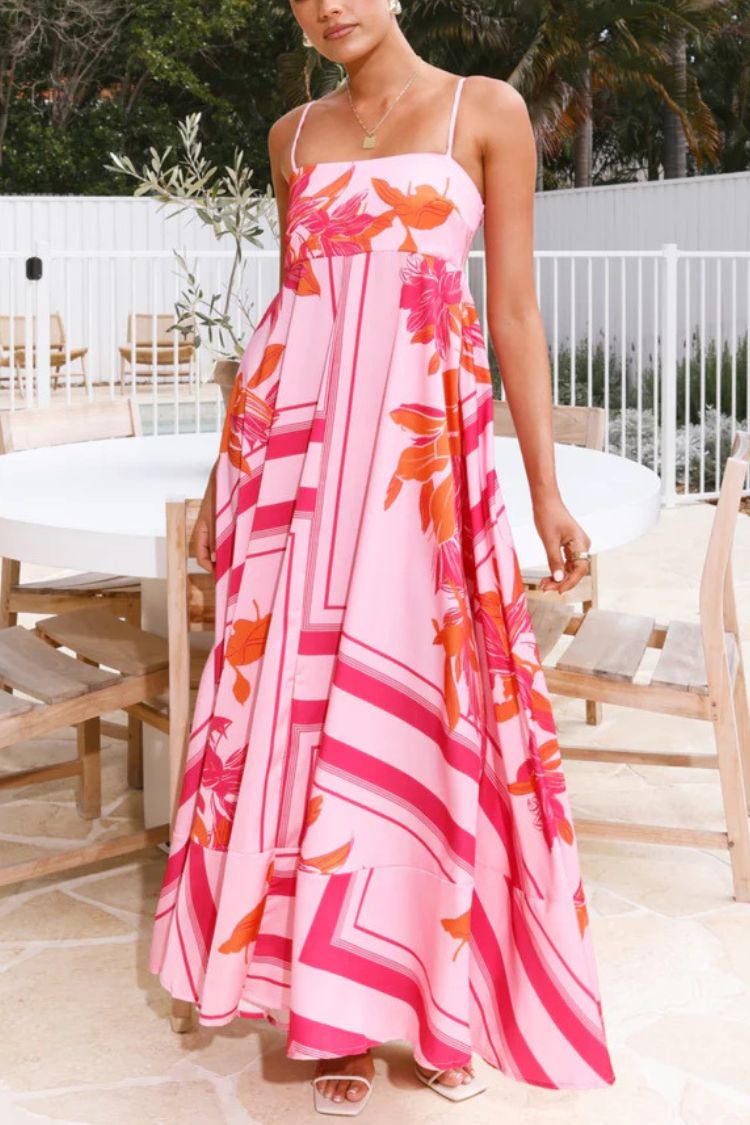 Botanical Print Square Neck Suspender Casual Full Hem Maxi Dress Red