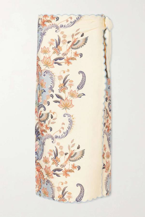 Vintage Chinoiserie Print Two-Piece Set – Scalloped Edge Frog-Closure Top & Wrap Midi Skirt