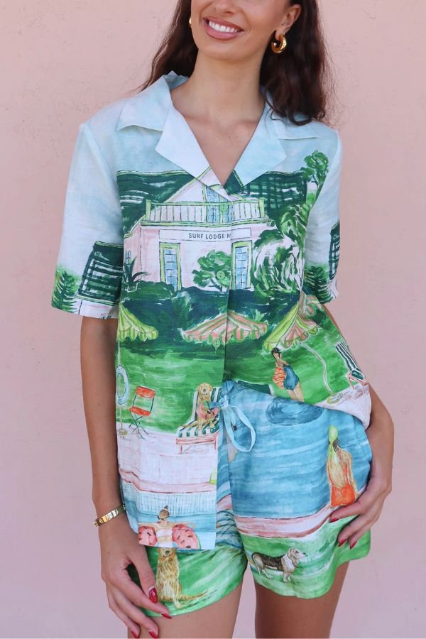 Pool Parties Linen Blend Unique Print Short Sleeve Shirt and Elastic Waist Pocket Shorts Set Green