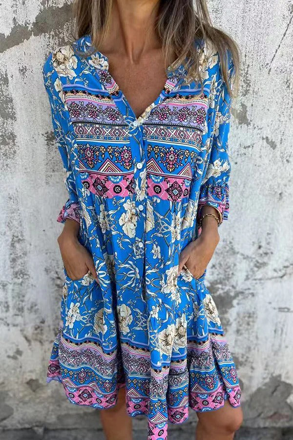 Ethnic Floral Print V-neck Loose Pocket Mini Dress Blue