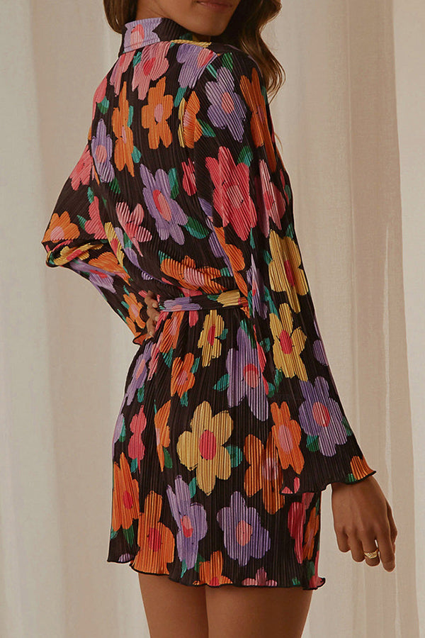Floral print lace-up lapel cardigan long-sleeve dress