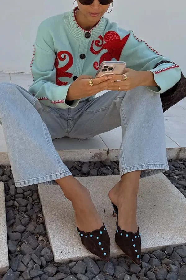 Coastal Fashion Knit Octopus Graphic Contrast Piping Button Up Loose Cardigan