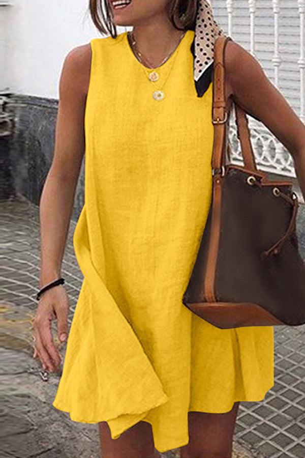 Round Neck Sleeveless Solid Cotton Linen Mini Dress Yellow
