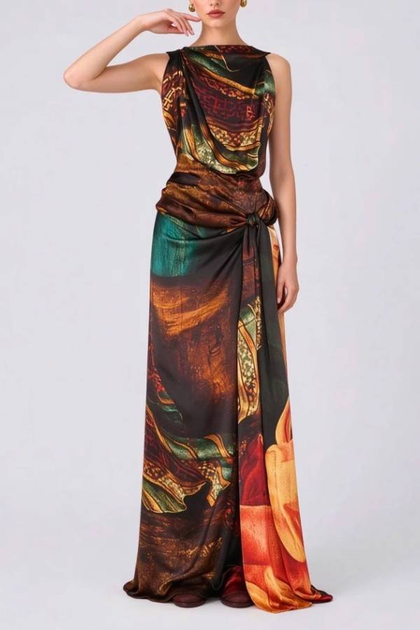 Sleeveless Draped Graphic Print Satin Column Maxi Evening Gown Dress