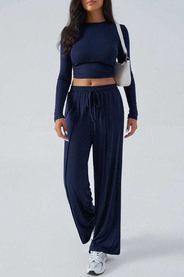 Temperament Knitted Round Neck Long Sleeve Two-piece Suit Navy blue