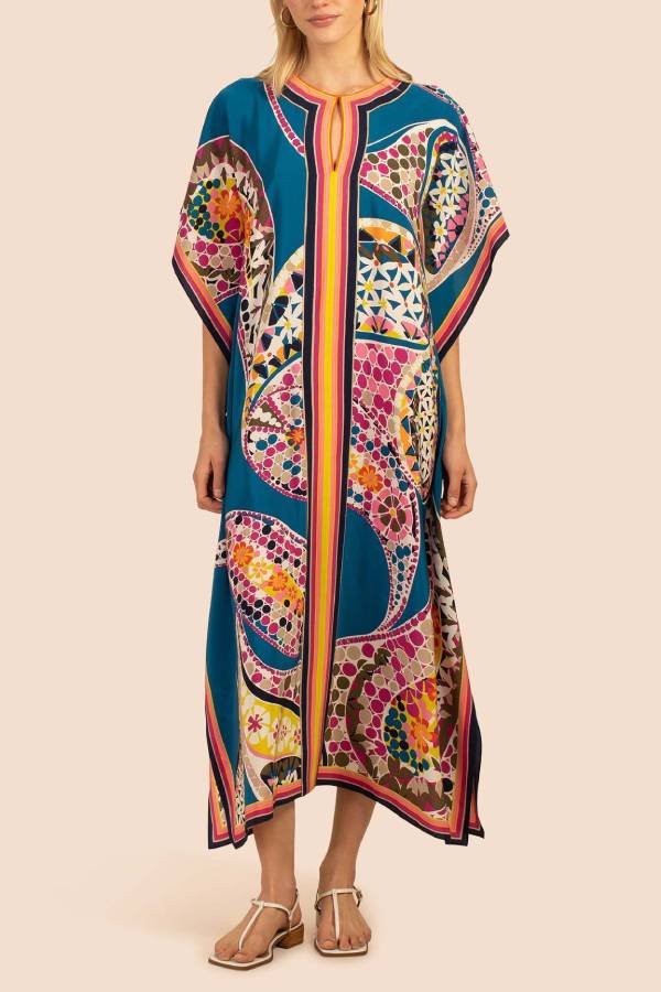 Multi-Color Printed V-Neck Kimono-Sleeve Maxi Kaftan