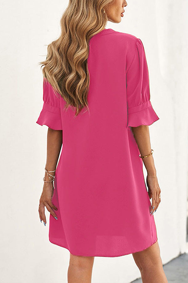 Solid Color Loose Casual V Neck Short Sleeve Knee Length Dress