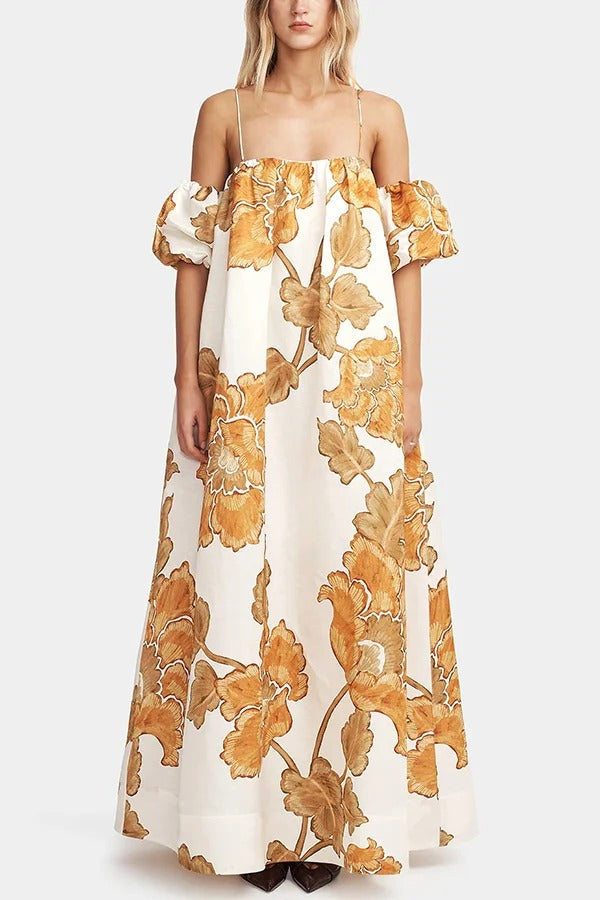 Maxikleid mit Blumendruck, Hosenträgern, Puffärmeln, lockeren Taschen und Urlaubs-Maxikleid 