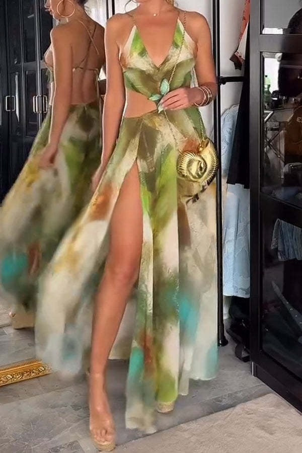 Sexy Maxikleid mit Schmetterlingsverzierung auf der Rückseite und Schnürung und Schlitz für den Urlaub 