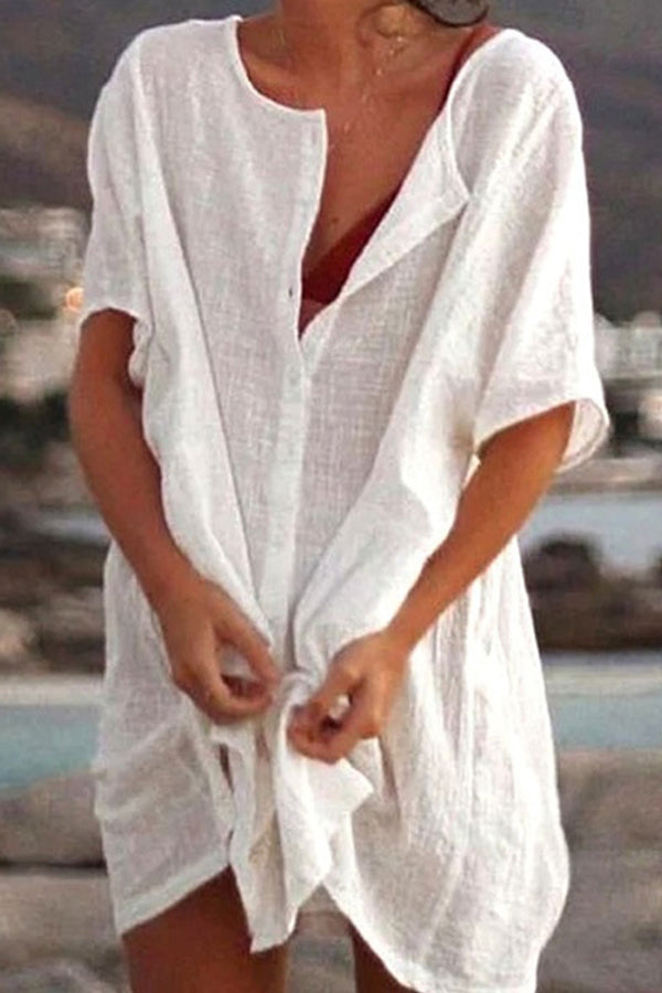 Loose solid color short-sleeved shirt dress beach sun protection clothing White