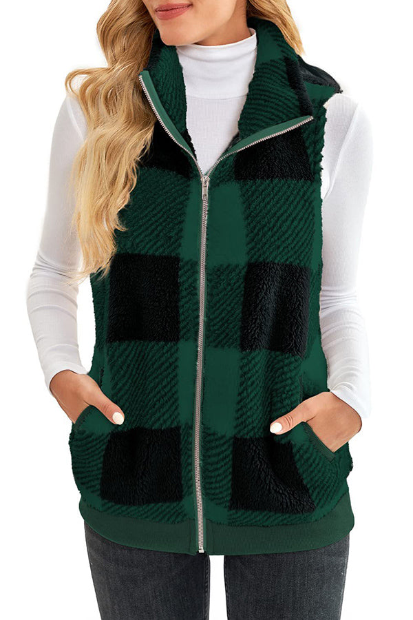 Plaid thickened double-sided velvet cardigan vest stand collar sleeveless vest jacket Green