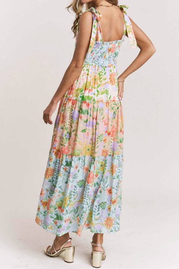 Fresh Floral Shirred Tie-Strap Maxi Dress for Beach Vacation & Garden Parties