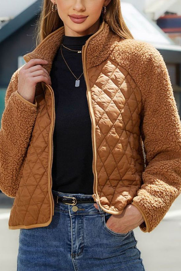 Plush paneled zipped long-sleeve jacket camel