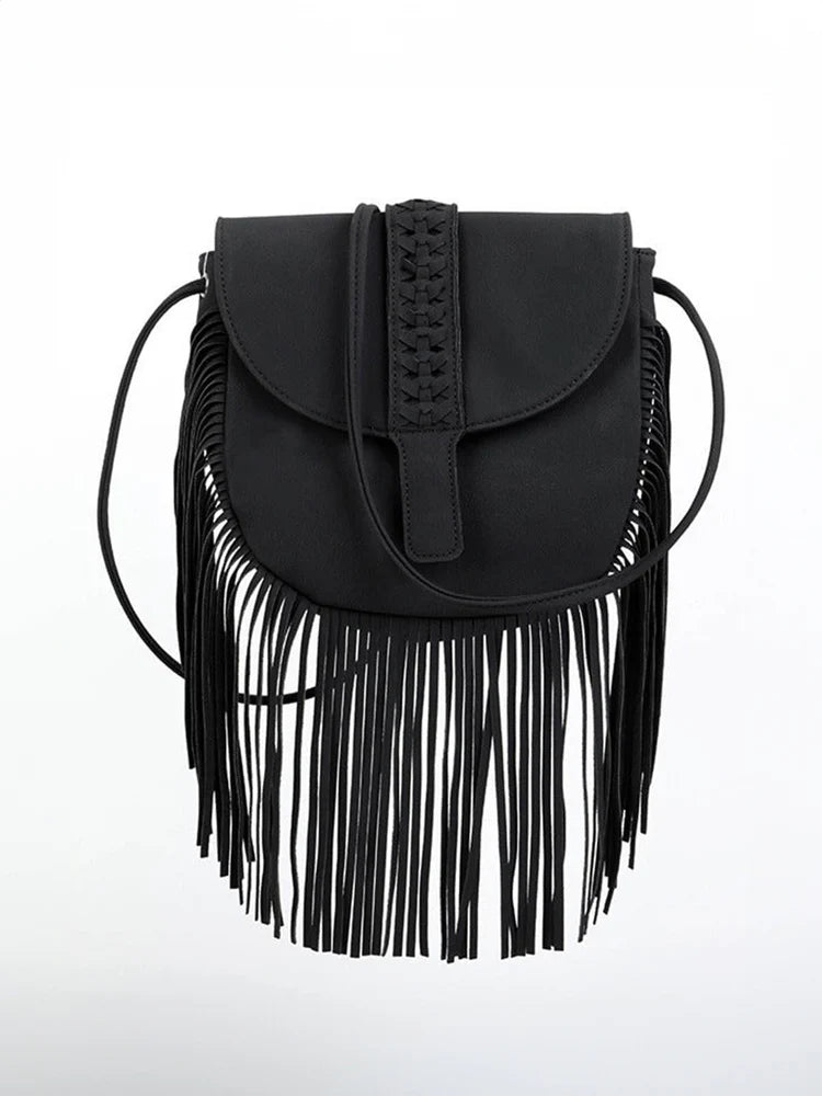 Women Semi Circular Leather Tassel Crossbody Bag Black ONE SIZE
