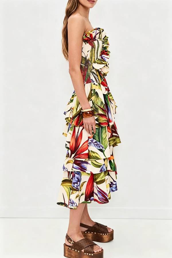 Tropical Botanical Prints Smocked Ruffles and Draped Detail Strapless Midi Dress